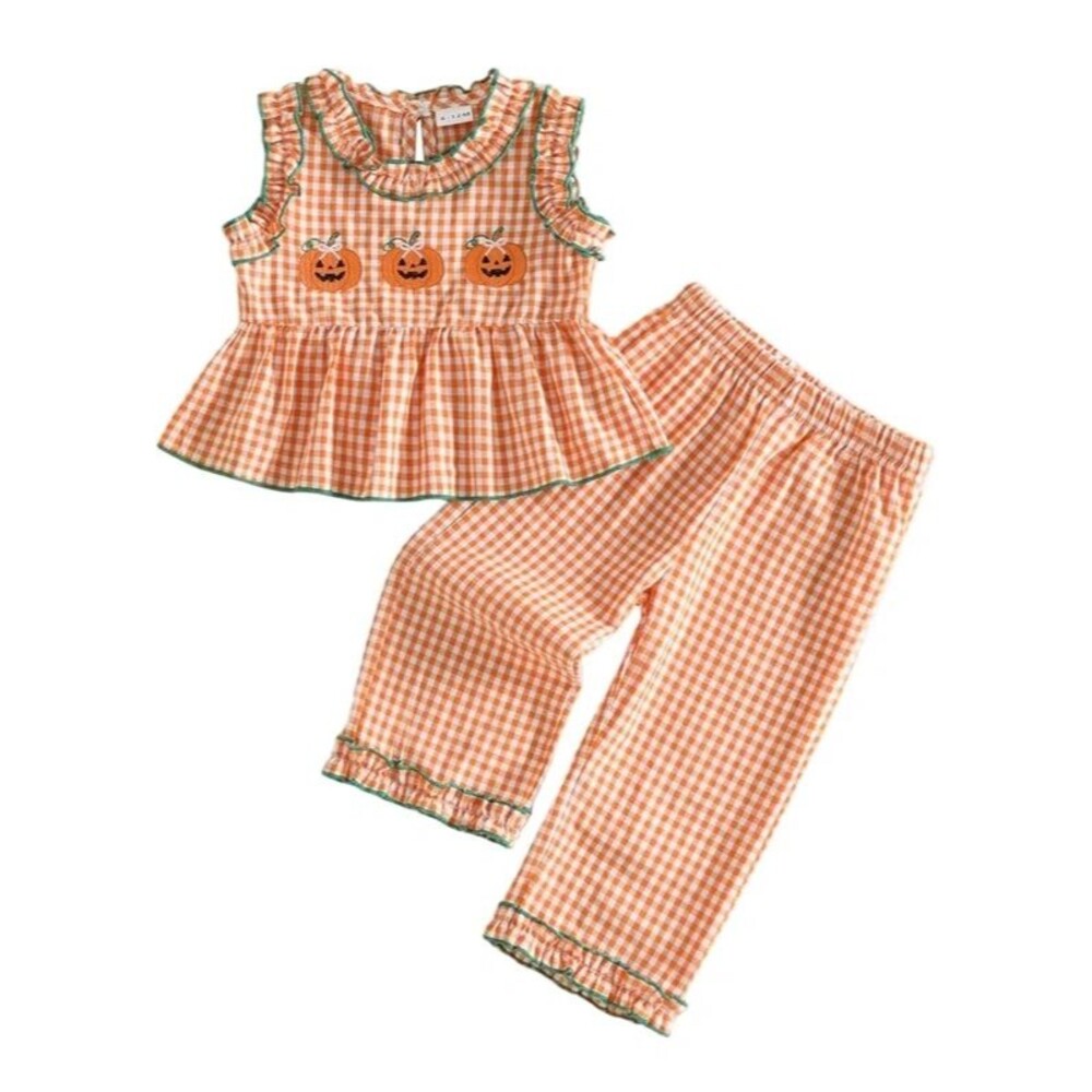 Girls 3-4T Embroidered Gingham Pumpkin Outfit Set